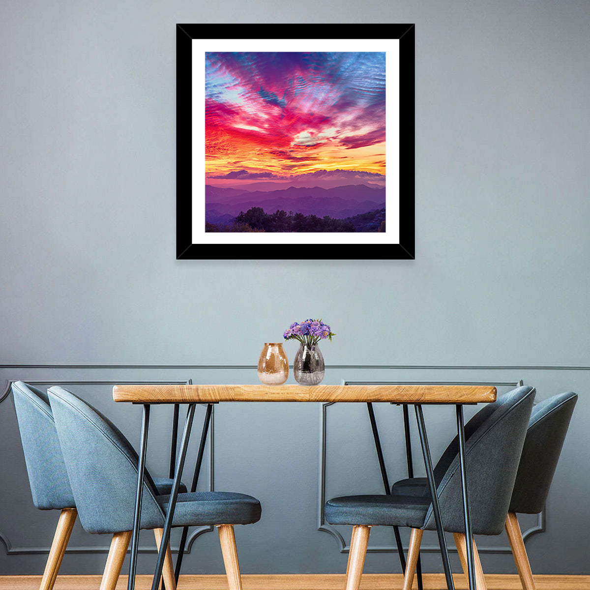 Golden Dusk Cloud Mountains Wall Art in a room, square