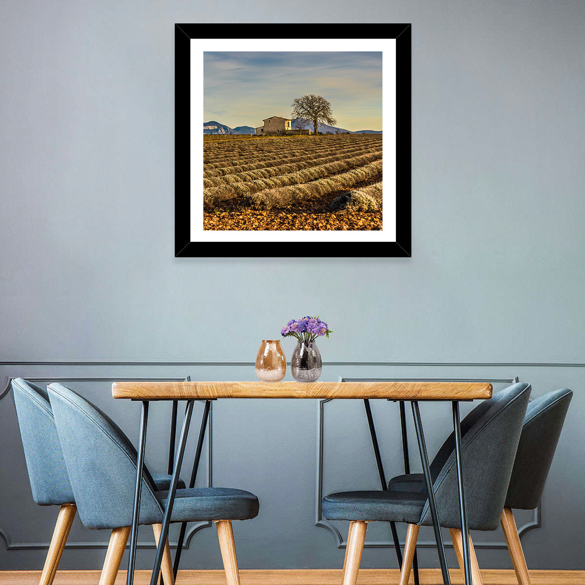 Rustic Provence Lavender Rows at Golden Hour Wall Art in a room, square