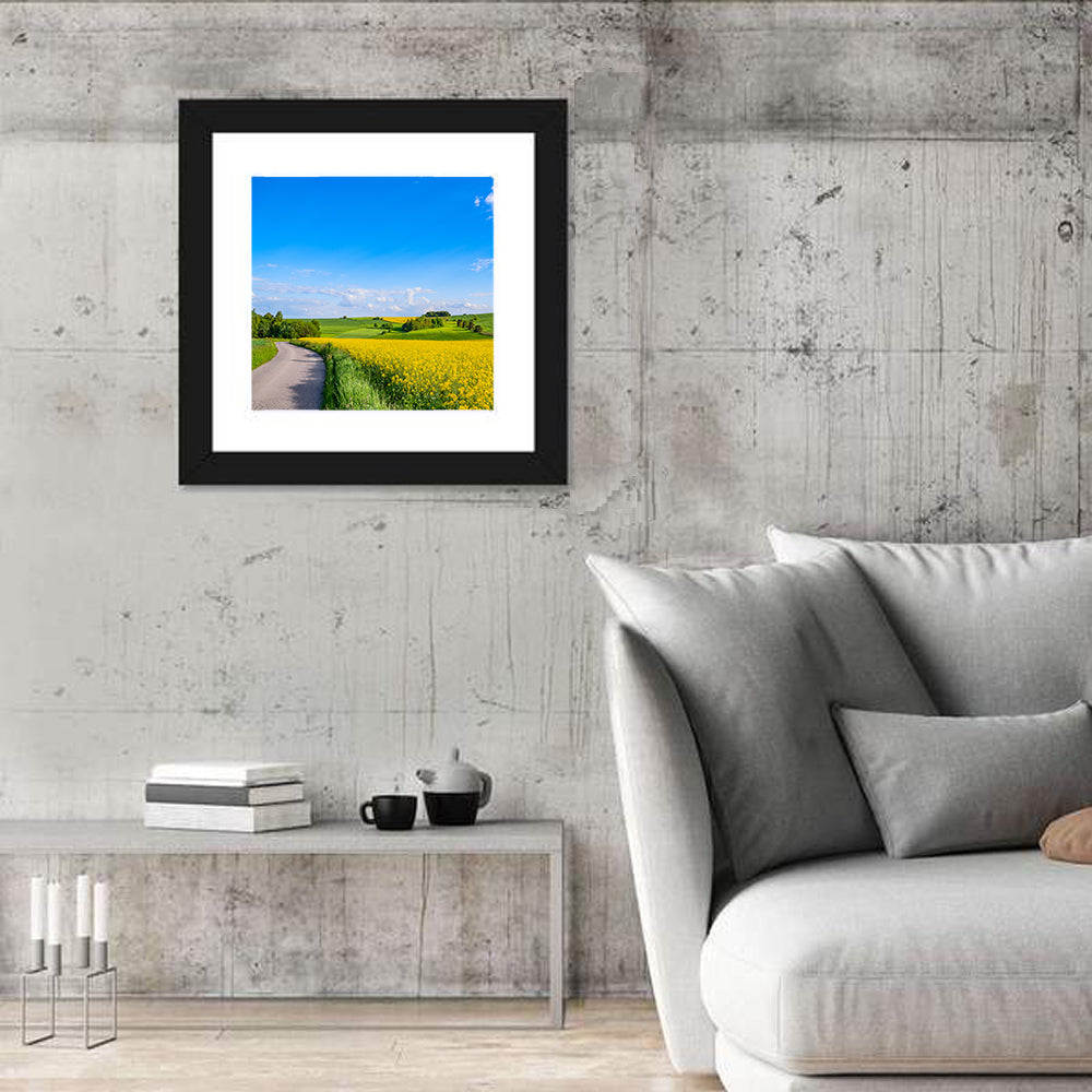 Rapeseed Field Road Under Blue Sky Wall Art