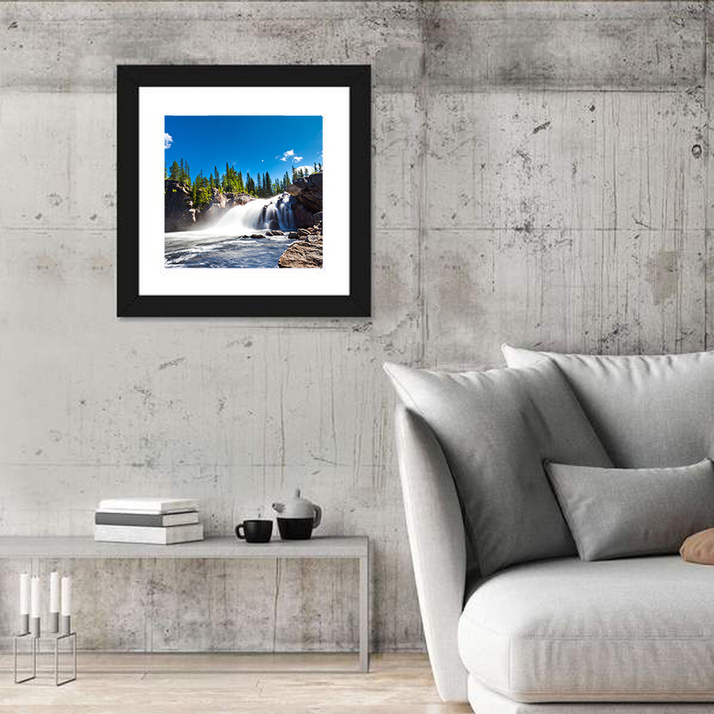 Misty Blue Waterfall Wall Art in a room, square