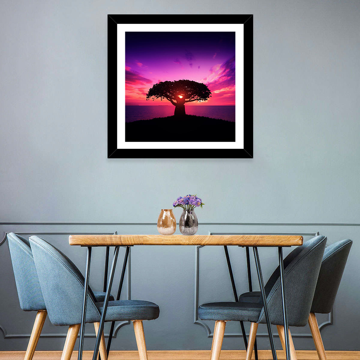 Baobab Sunset Silhouette Wall Art in a room, square