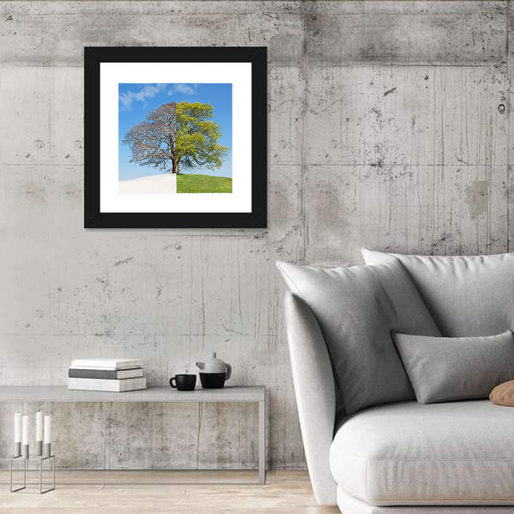 Split Season Tree Landscape Wall Art in a room, square