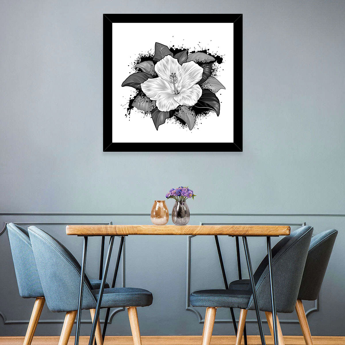 Ink Splatter Hibiscus Illustration Wall Art in a room, square