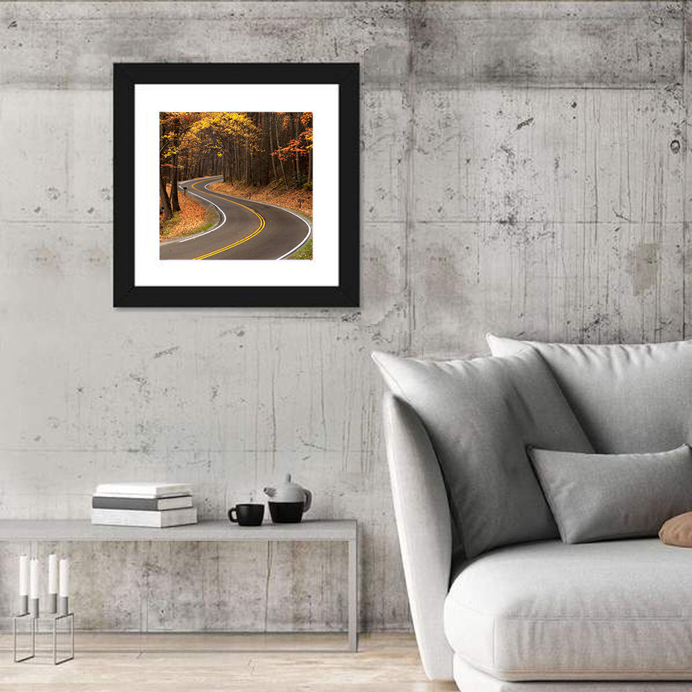S-curve Road Through Autumn Forest Wall Art in a room, square