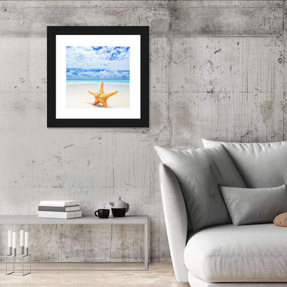 Minimalist Yellow Starfish on Turquoise Shore Wall Art in a room, square