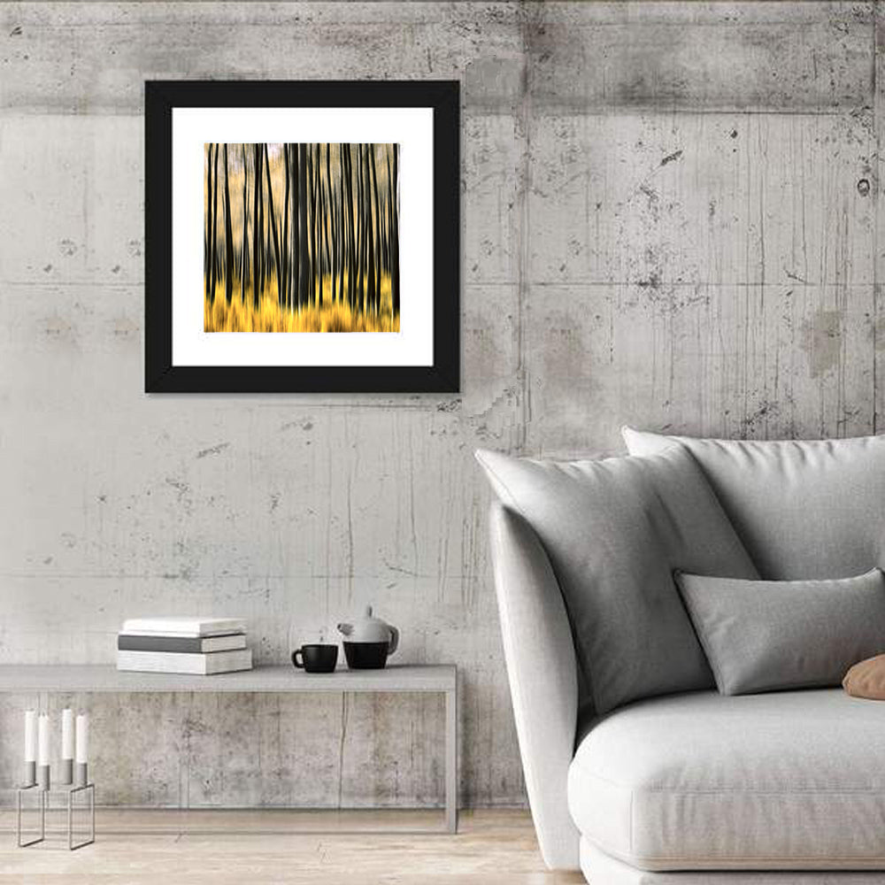 Golden Abstract Forest Wall Art in a room, square
