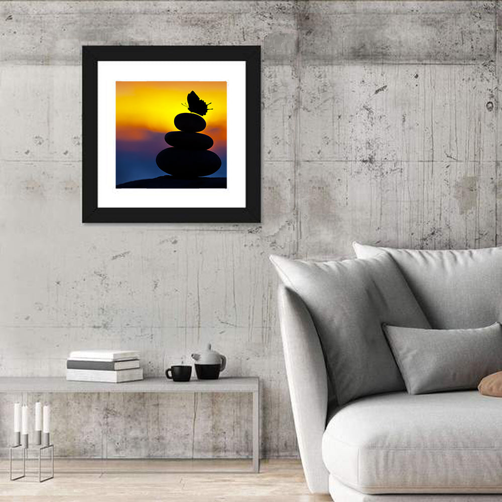 Stacked Spa Stones with Butterfly Wall Art in a room, square