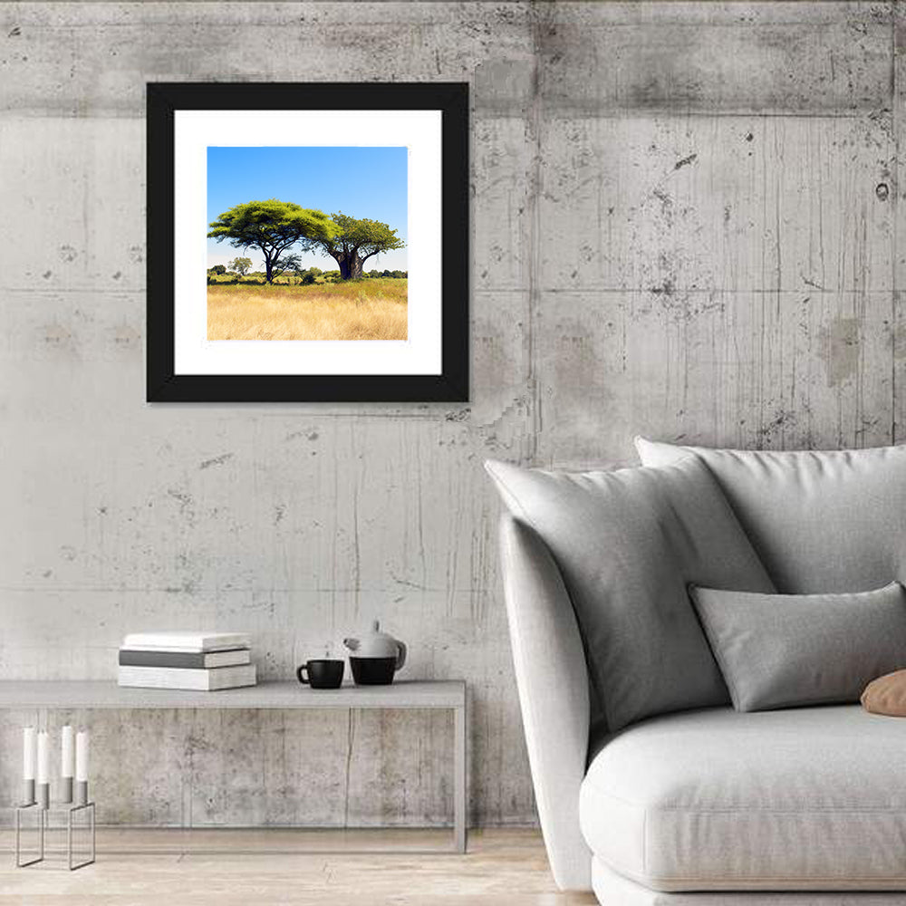 Acacia and Baobab Trees Wall Art in a room, square