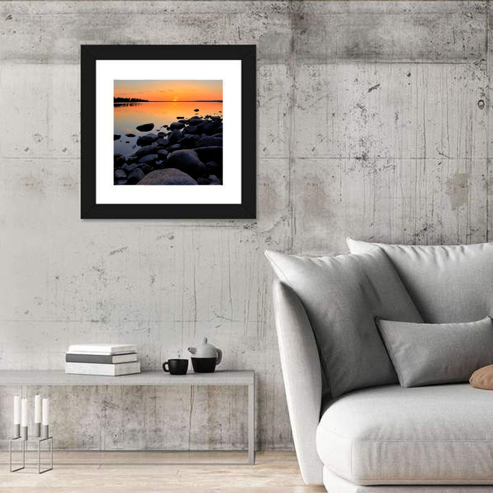 Rocky Lake Sunset Wall Art in a room, square