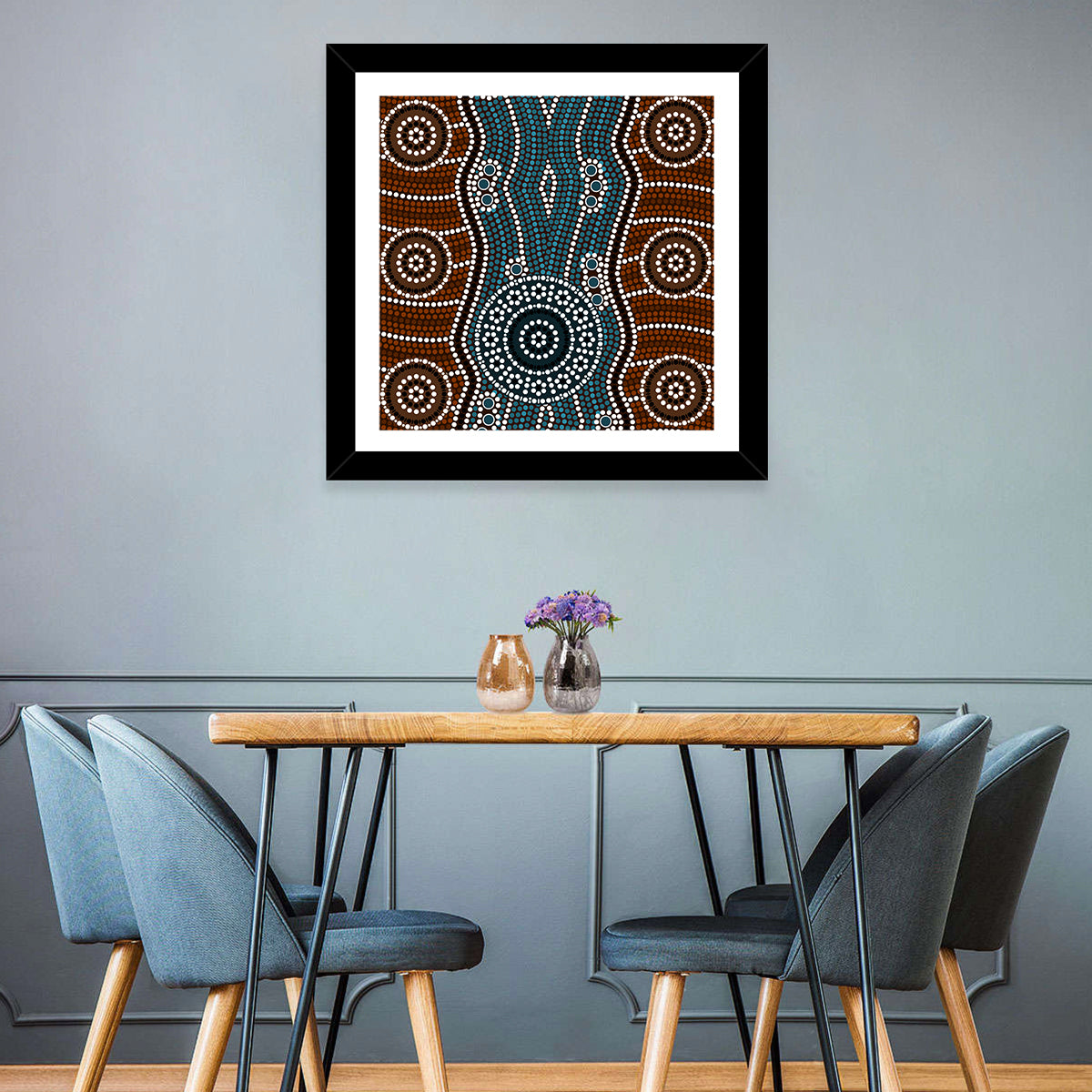 Concentric River Dot Painting Wall Art in a room, square