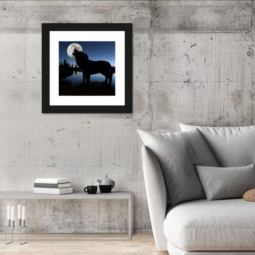 Howling Wolf at Full Moon Wall Art in a room, square