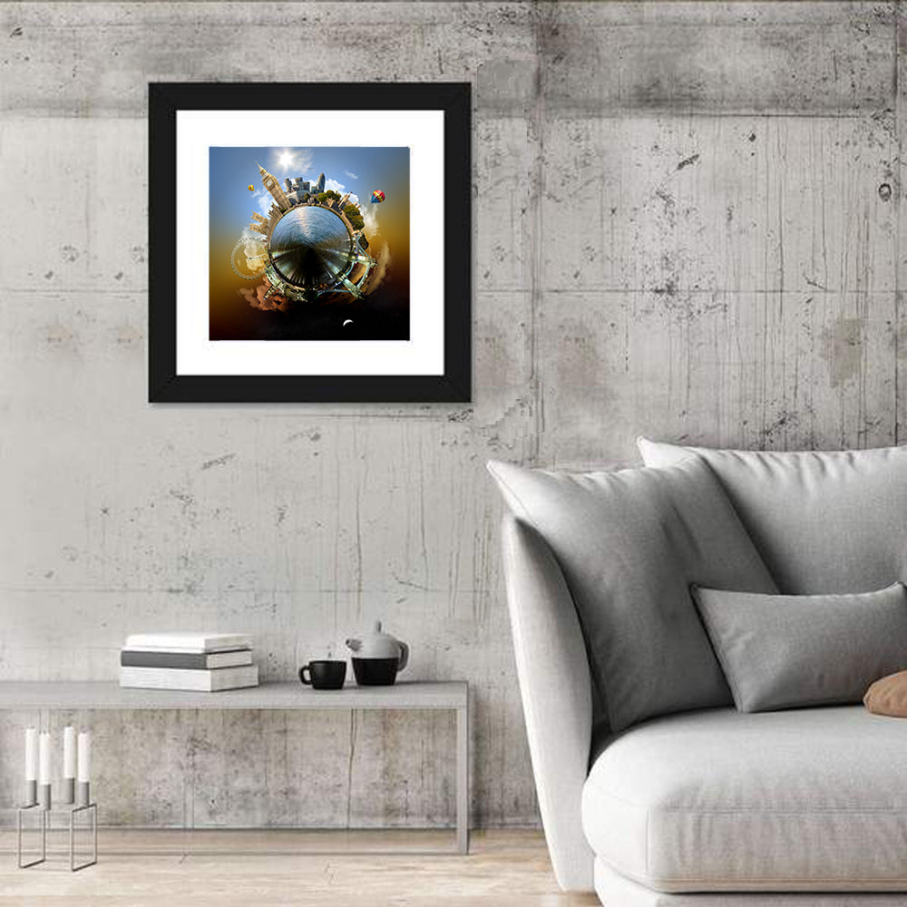 Miniature Planet London Skyline Wall Art in a room, square