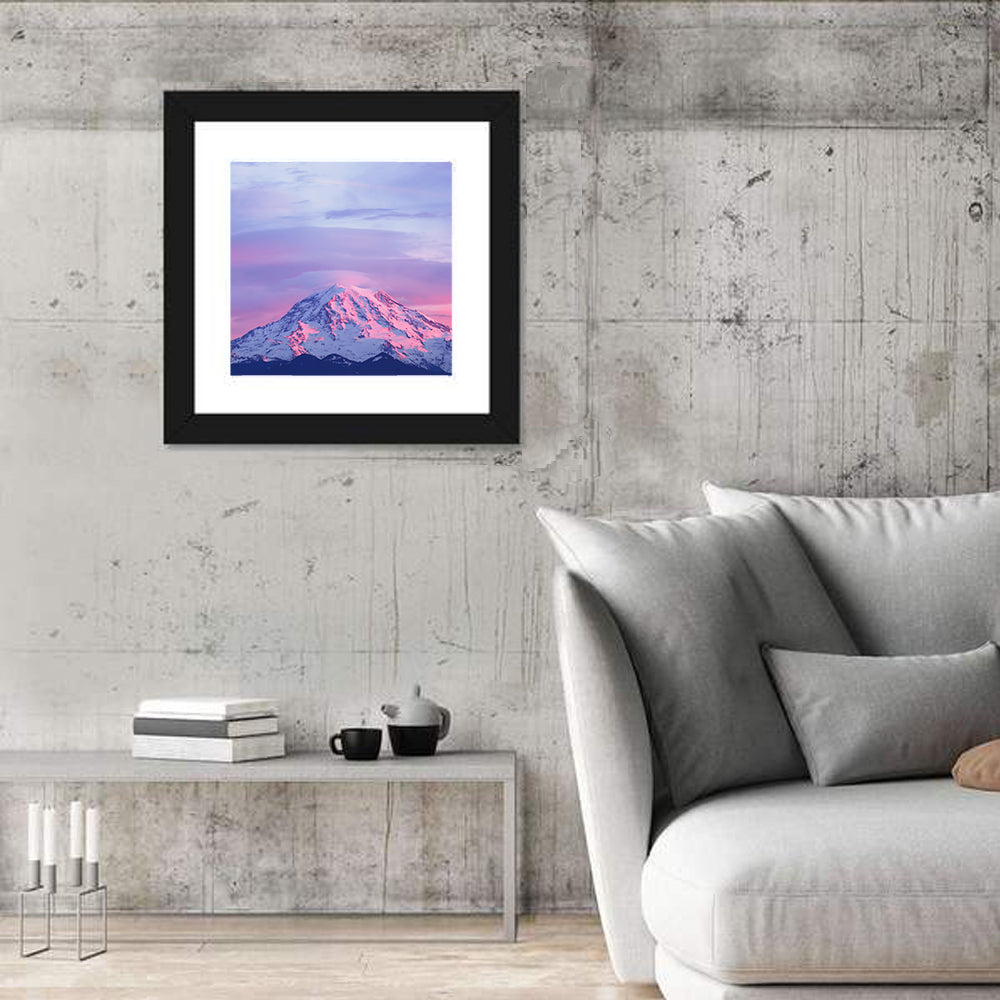 Mount Rainier Alpenglow with Lenticular Cloud Wall Art in a room, square