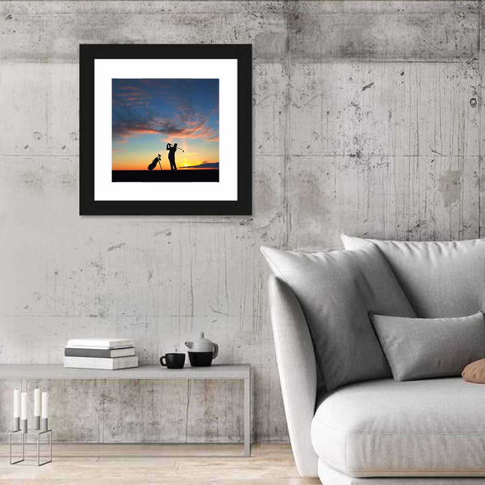 Sunset Golfer Silhouette Wall Art in a room, square