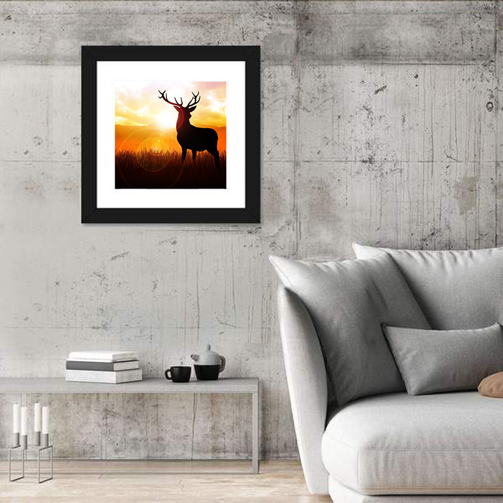 Golden Hour Deer Silhouette Wall Art in a room, square