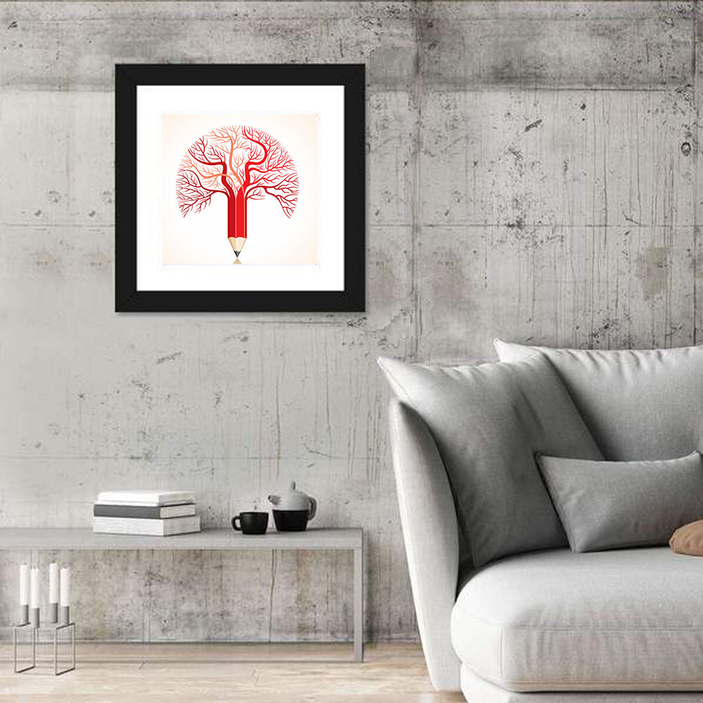 Knowledge Tree Pencil Illustration Wall Art in a room, square