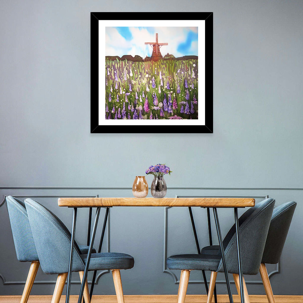 Ink Wash Windmill in Blooming Field Wall Art