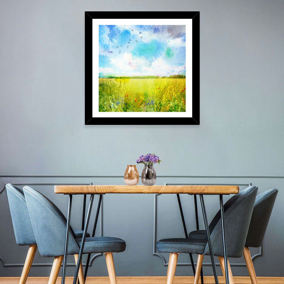 Watercolor Wildflower Field Wall Art in a room, square