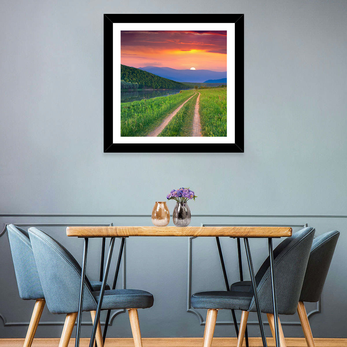 Sunset Path to Mountain Lake Wall Art in a room, square