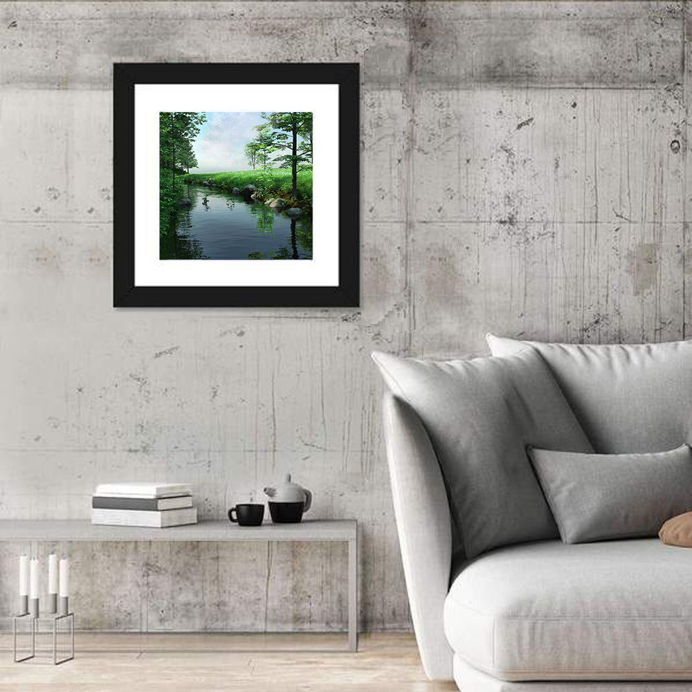 Tranquil Meadow Stream with Wildflowers Wall Art in a room, square