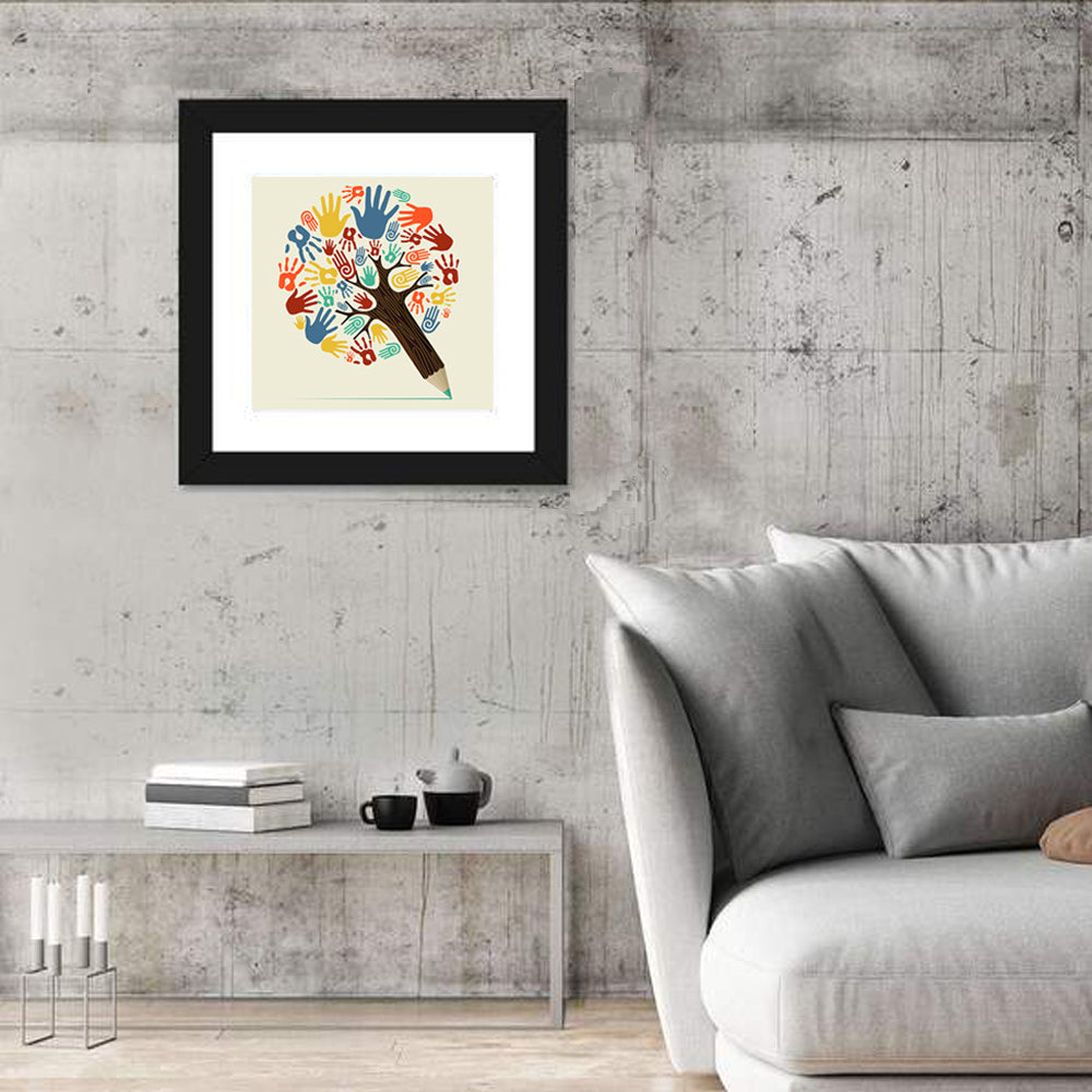 Handprint Tree Illustration Wall Art in a room, square