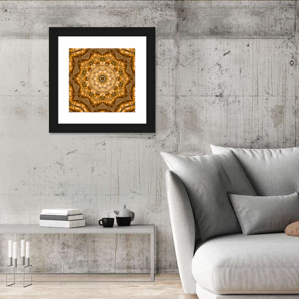 Golden Buddha Mandala Kaleidoscope Pattern Wall Art in a room, square