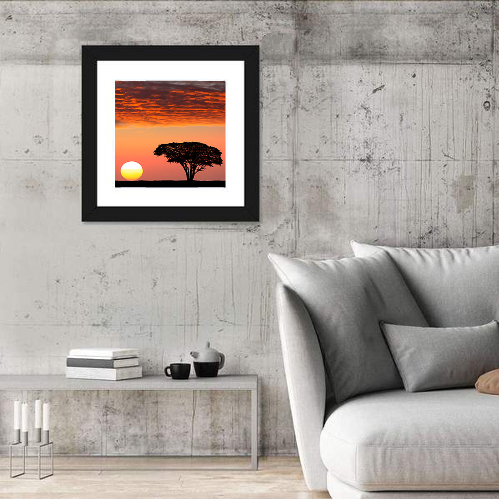 Serengeti Sunset Silhouette Wall Art in a room, square