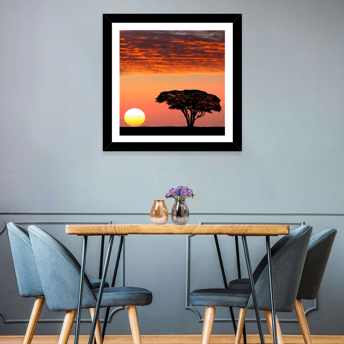 Serengeti Sunset Silhouette Wall Art in a room, square
