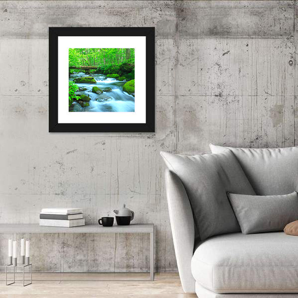 Mossy Forest Stream Wall Art in a room, square