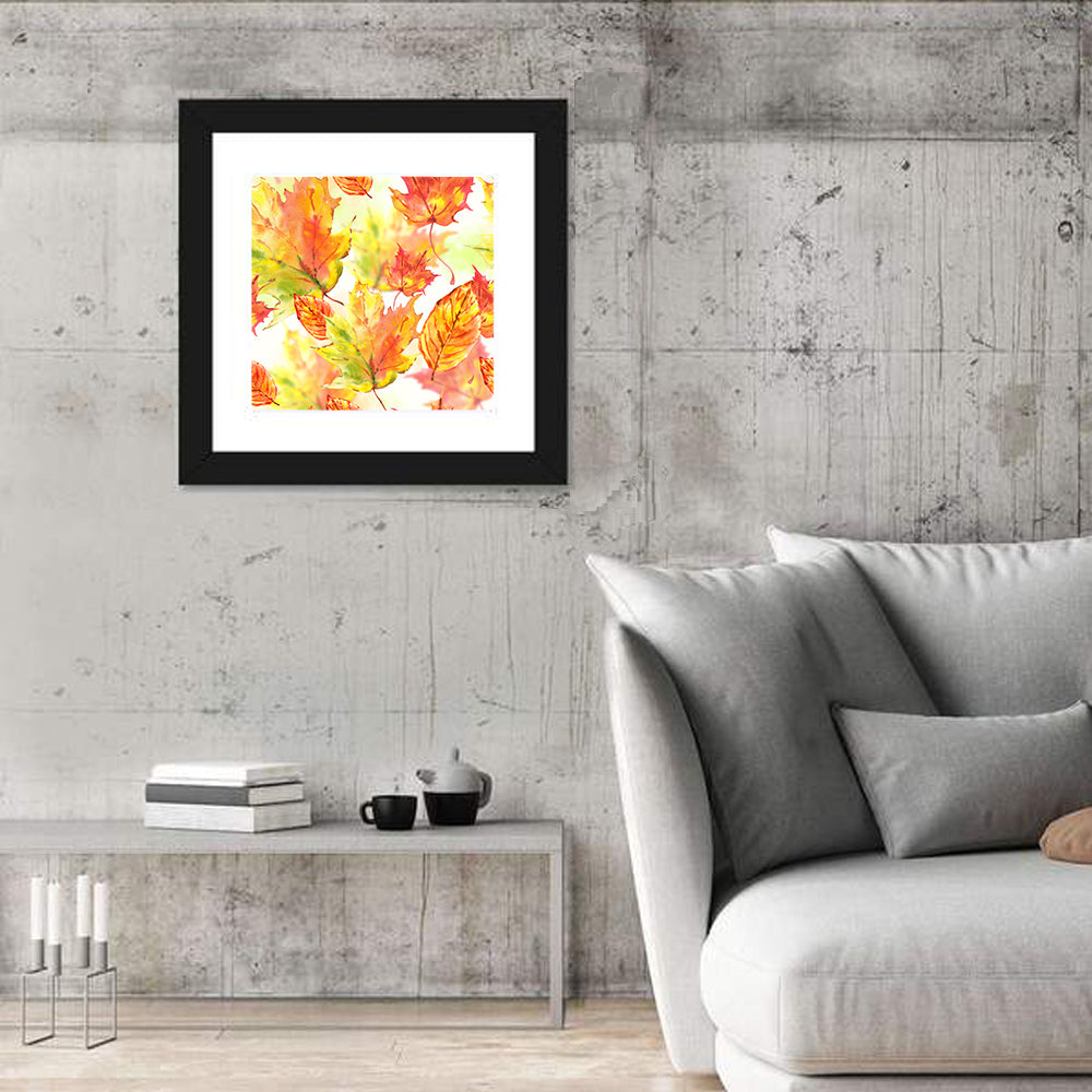 Falling Autumn Leaves Wall Art in a room, square