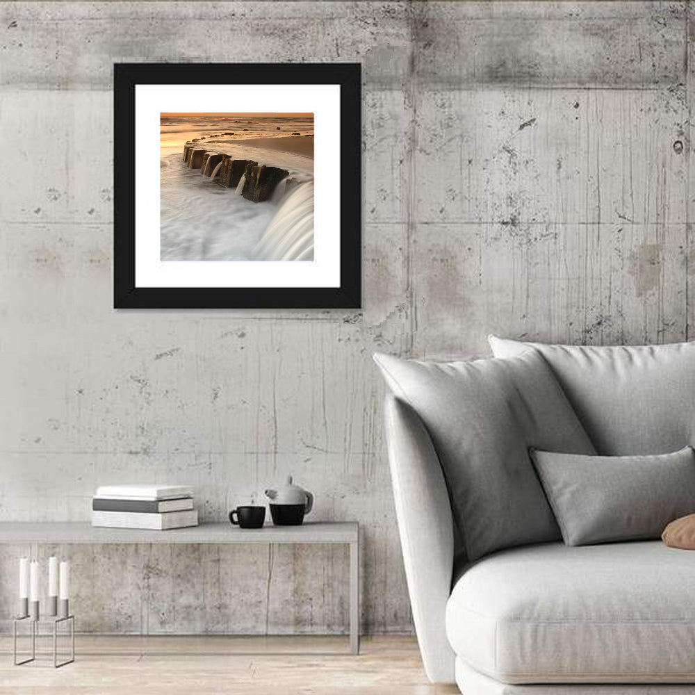 Breakwater at Golden Hour Wall Art in a room, square