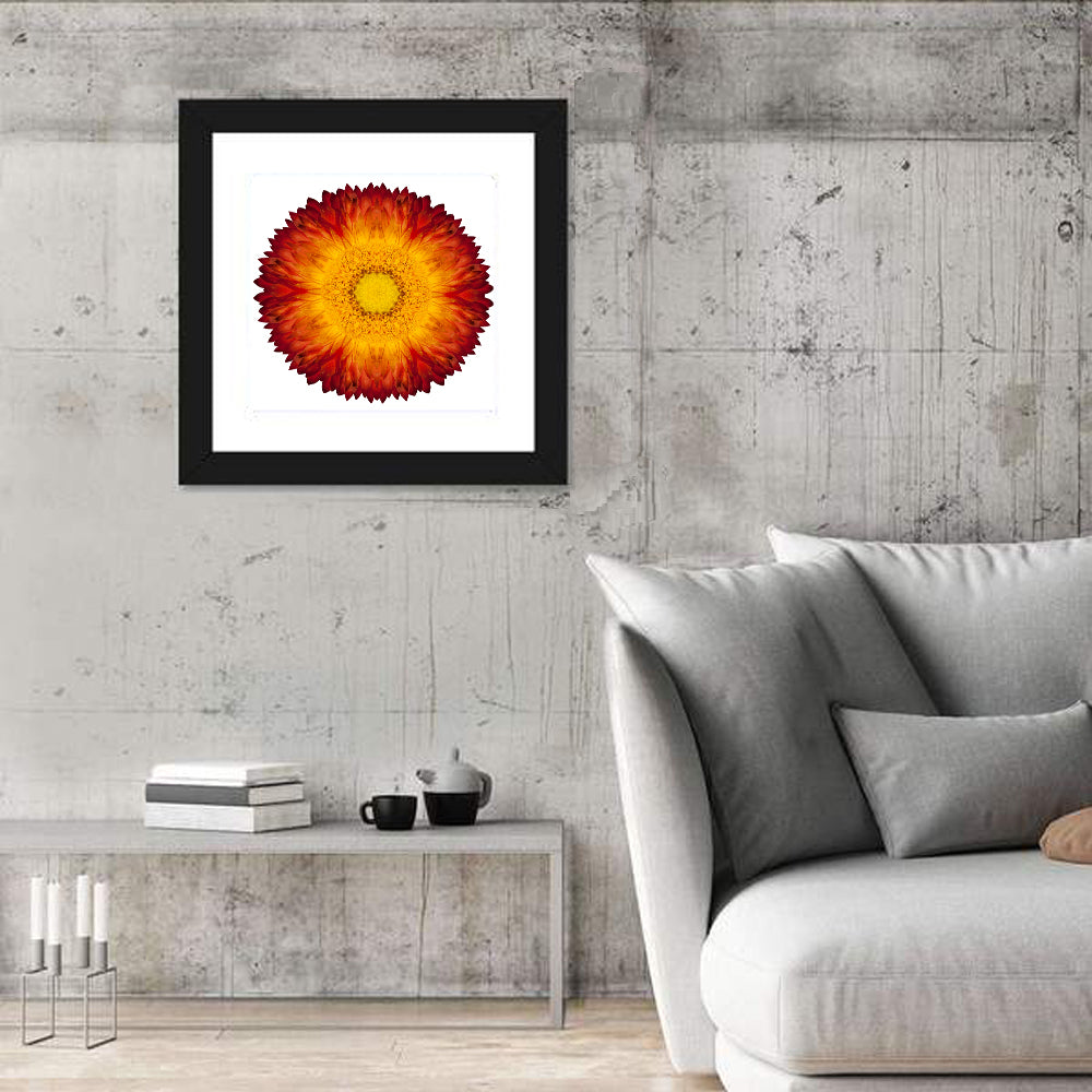 Kaleidoscopic Strawflower Mandala Wall Art in a room, square