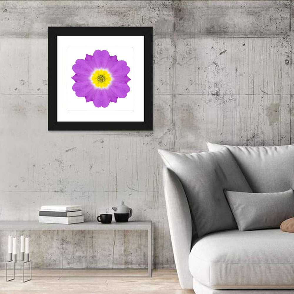 Kaleidoscopic Primrose Mandala Wall Art in a room, square