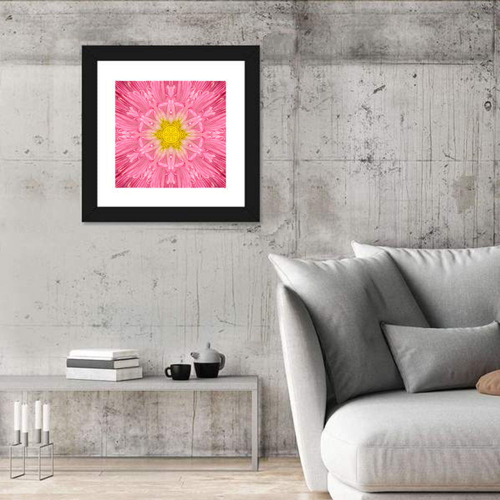Pink Chrysanthemum Mandala Bloom Wall Art in a room, square