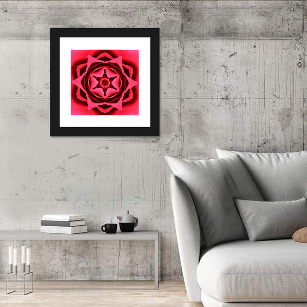 Kaleidoscopic Rose Petal Mandala Wall Art in a room, square