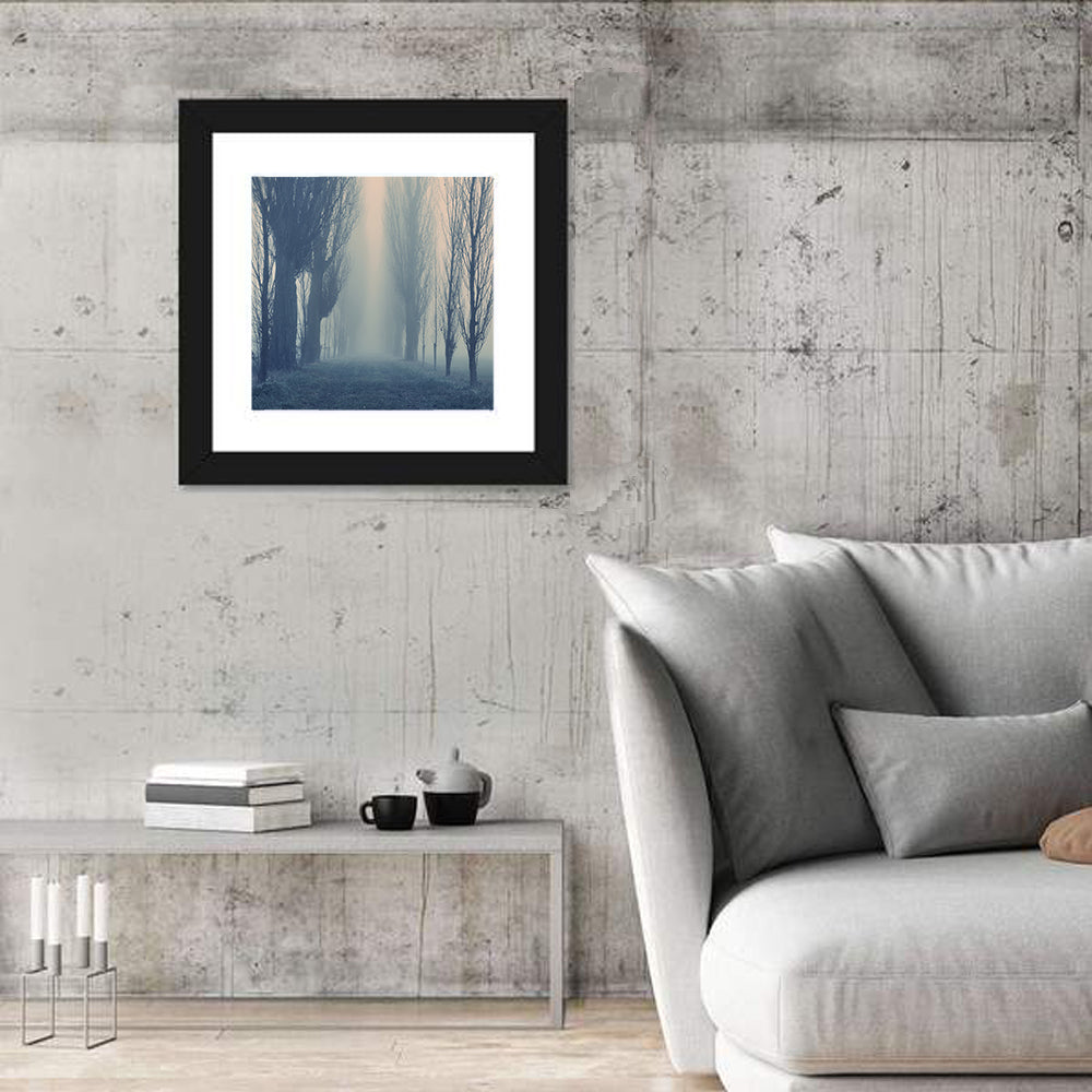 Misty Forest Pathway in Fog Wall Art in a room, square