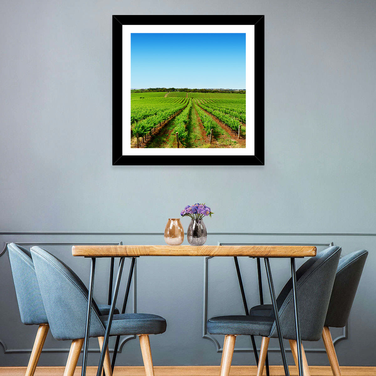 Sunlit Vineyard Rows Wall Art in a room, square