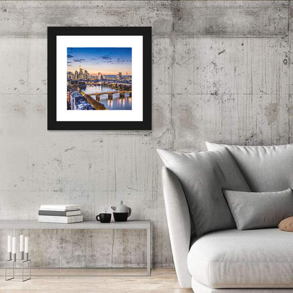 Frankfurt Twilight Skyline Wall Art in a room, square