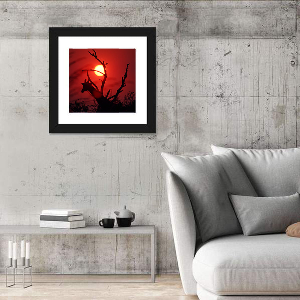 Giraffe Silhouette at Sunset Wall Art in a room, square