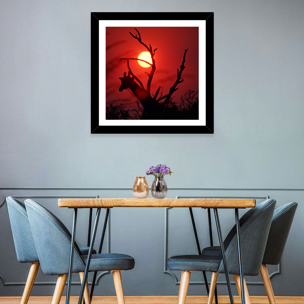 Giraffe Silhouette at Sunset Wall Art in a room, square