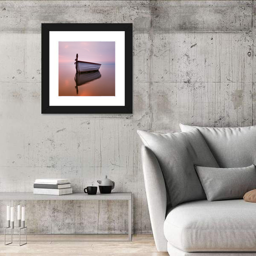 Pastel Boat Reflection Wall Art in a room, square