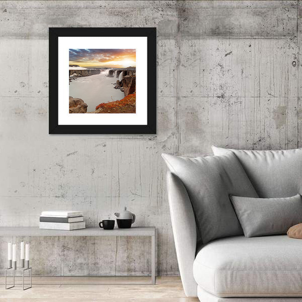 Selfoss Waterfall at Sunset Wall Art in a room, square