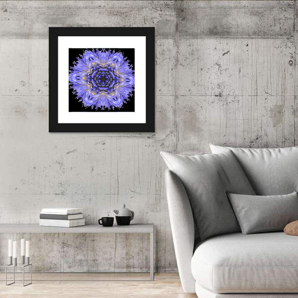 Cornflower Mandala Kaleidoscope Wall Art in a room, square