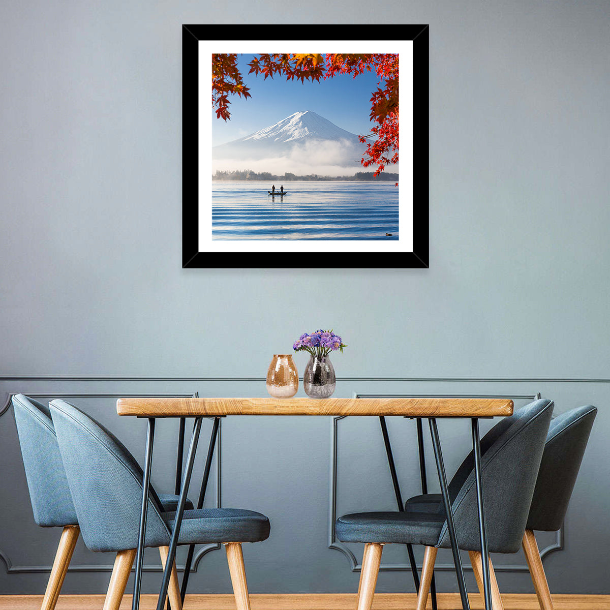 Mount Fuji Over Lake Kawaguchiko Wall Art in a room, square