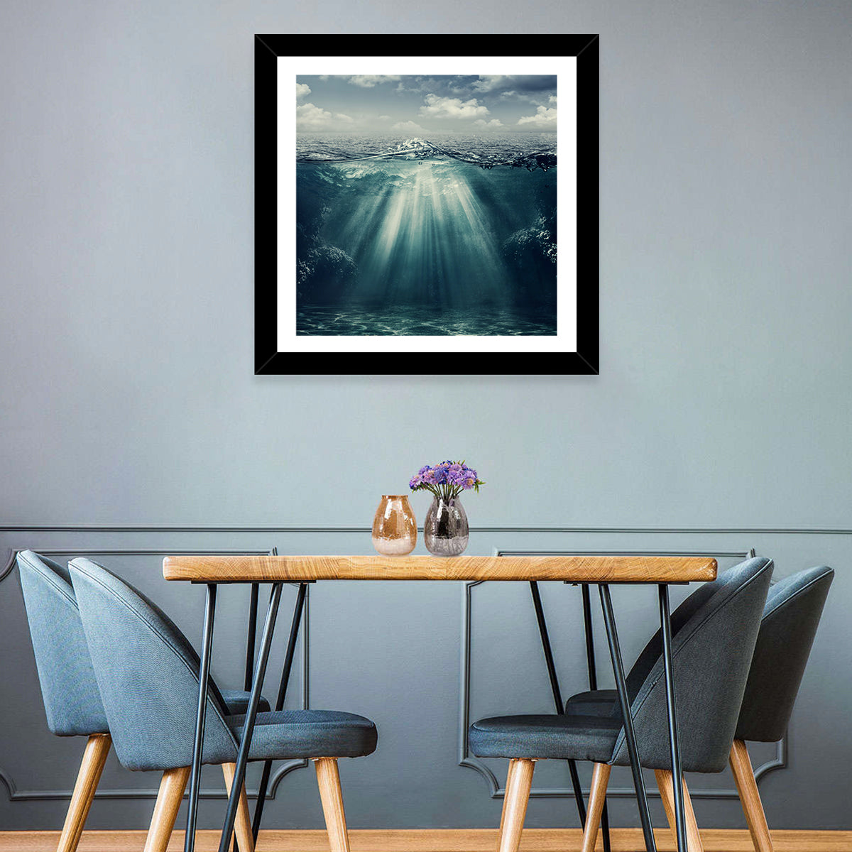 Split-level Underwater Ocean View Wall Art in a room, square