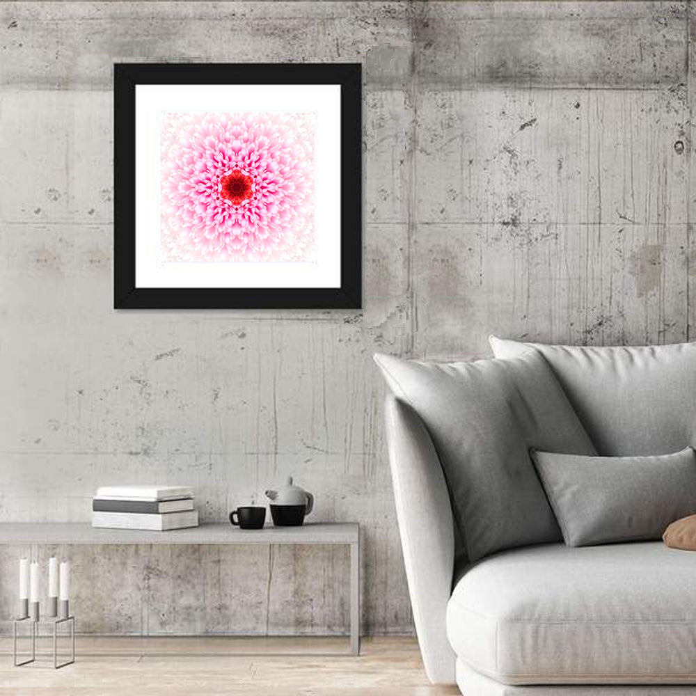 Pink Chrysanthemum Mandala with Deep Red Center Wall Art in a room, square