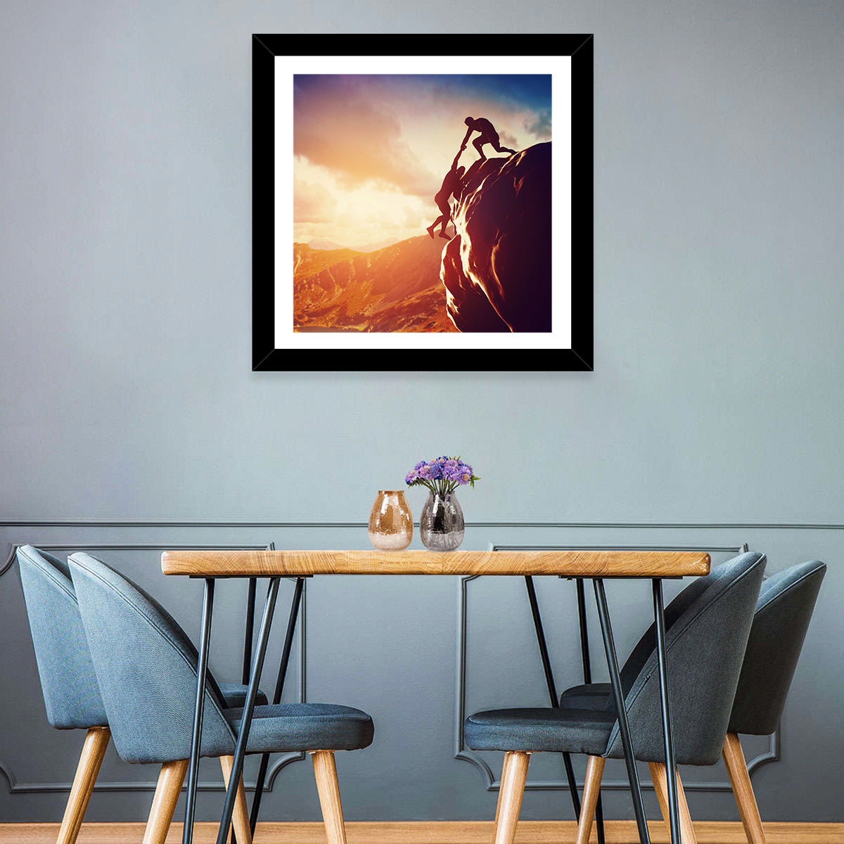Two Hikers Summit Assist at Sunset Wall Art in a room, square