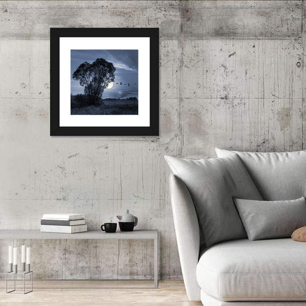 Moonlit Birds Over Quiet Field Wall Art in a room, square