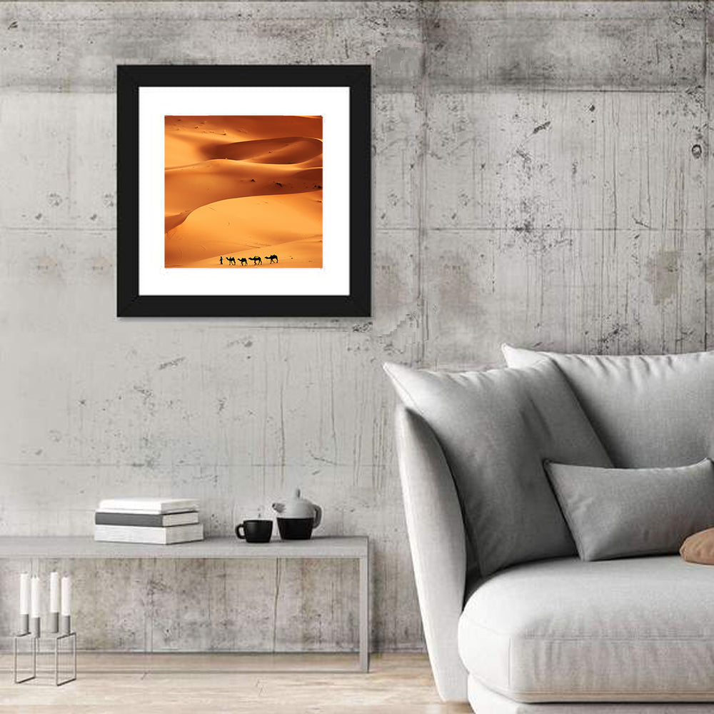 Desert Camel Caravan in Golden Dunes Wall Art in a room, square