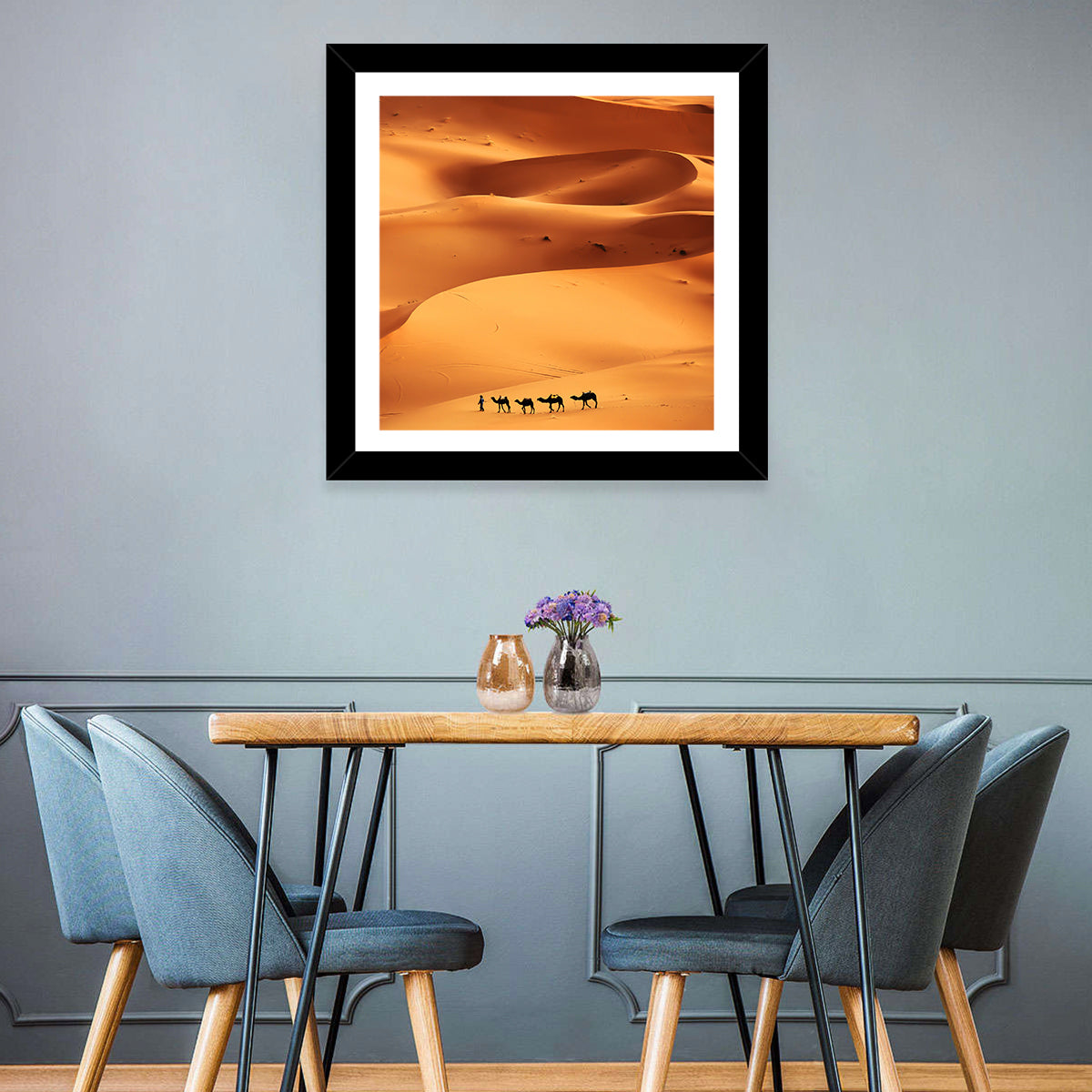Desert Camel Caravan in Golden Dunes Wall Art in a room, square